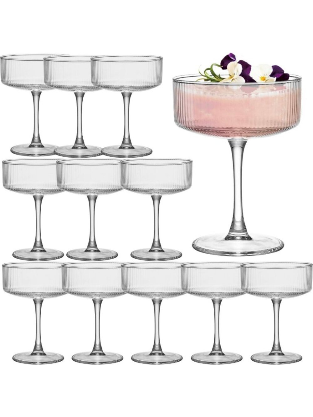 Vintage Ribbed Martini Glasses Set of 12 - Large 10.5 oz Cocktail & Dessert